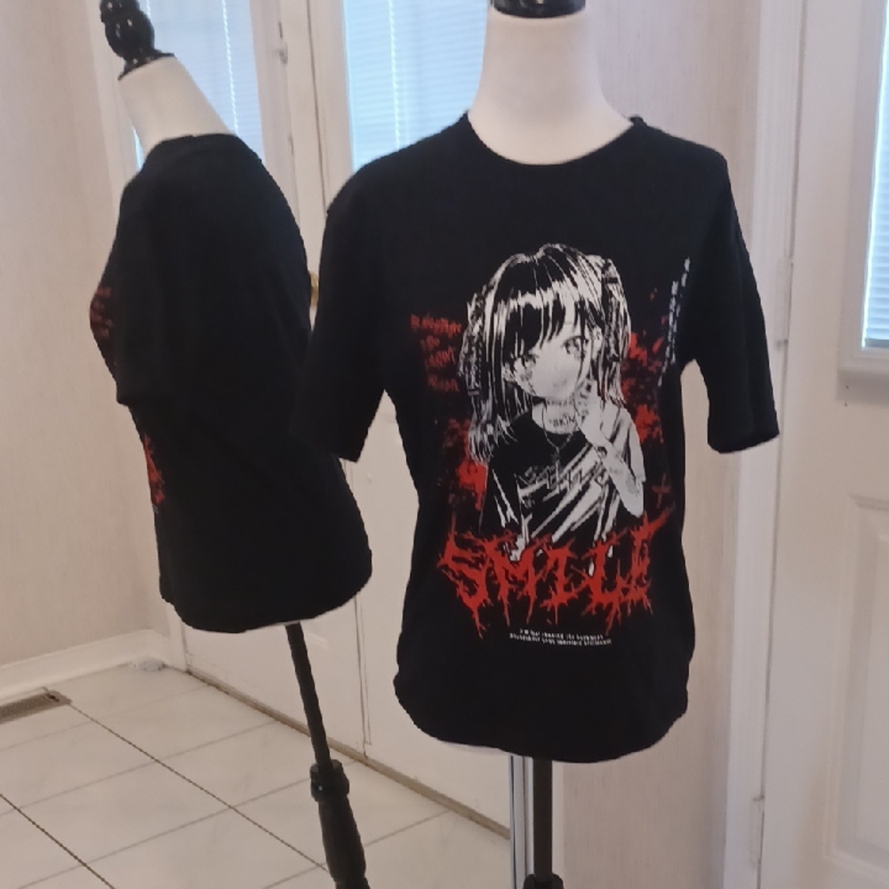 4/$80 Stylish Black & Red "SMILE" Goth Graphic Tee - Size XS